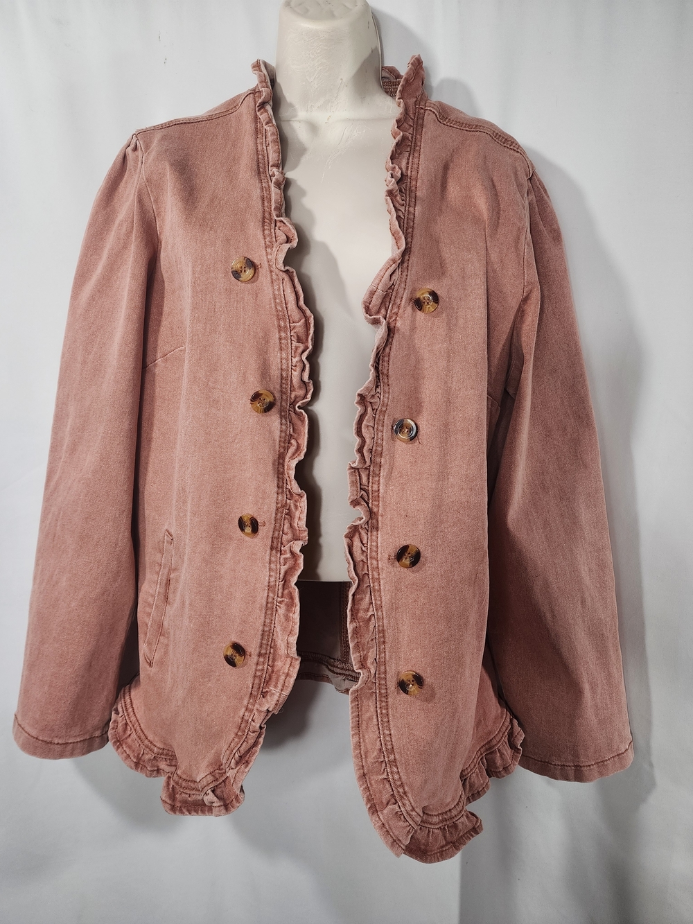 Ruffled Button-Front Jean Jacket in Dusty Rose